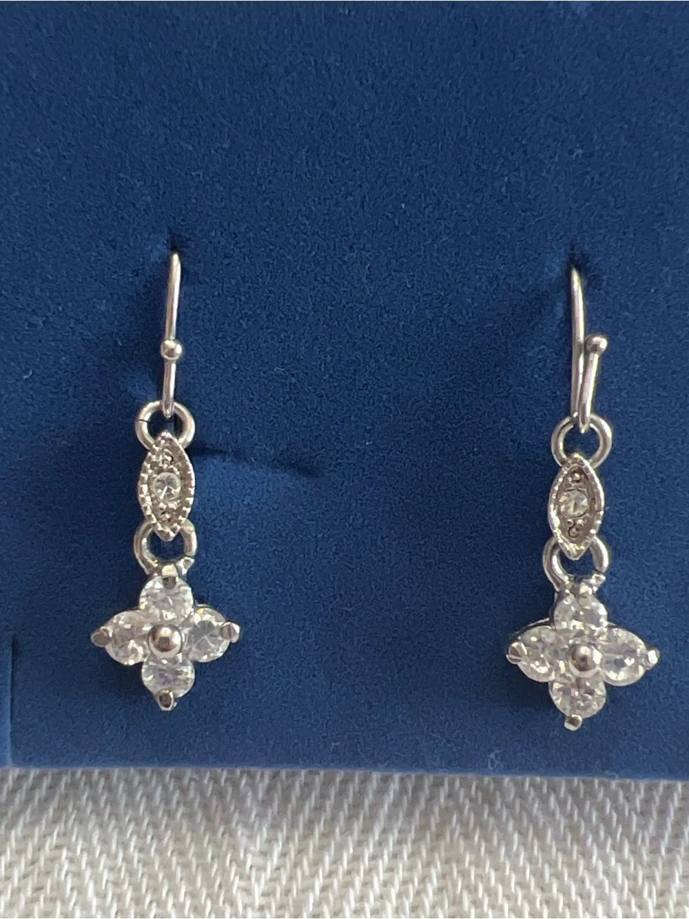 Silver Tone Floral CZ Crystal Dangle Earrings | Clover Cluster Drop French Wire